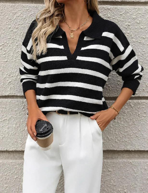 Ladies Striped Turndown Collar Knit Sweater E2374 Front Pockets Side Pockets Patch Pockets Ladies Striped Turndown Collar Knit Sweater E2374 Front Pockets Side Pockets Patch Pockets