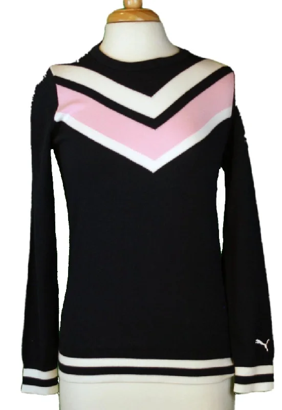 New Puma Knit Crew Neck Sweater in Navy with White & Pink Chevron Sleeve Logo Terry Blend Velvet Blend Canvas Blend New Puma Knit Crew Neck Sweater in Navy with White & Pink Chevron Sleeve Logo Terry Blend Velvet Blend Canvas Blend