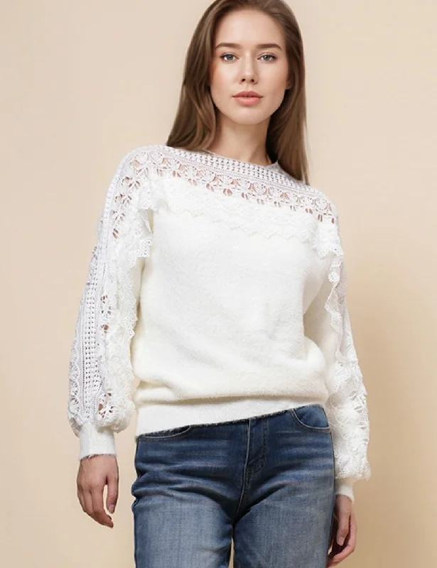 Ladies Faux Mink and Lace Long Sleeves Pullover Sweater SKT4881 Herringbone Houndstooth Plaid Ladies Faux Mink and Lace Long Sleeves Pullover Sweater SKT4881 Herringbone Houndstooth Plaid