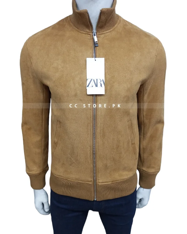 ZR Plain Suede Camel Bomber Jacket (641) Welt Pockets Slit Pockets Flap Pockets
