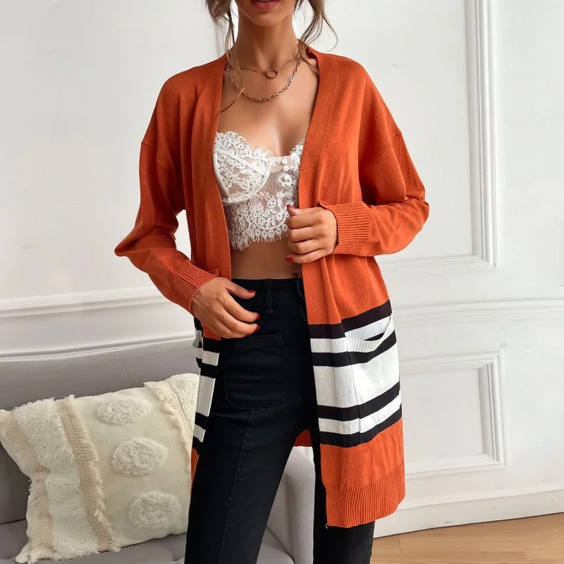 IKEARLAX women's clothing New autumn new striped contrasting color knitted cardigan long-sleeved casual thin coat Embroidered Appliqued Beaded IKEARLAX women's clothing New autumn new striped contrasting color knitted cardigan long-sleeved casual thin coat Embroidered Appliqued Beaded