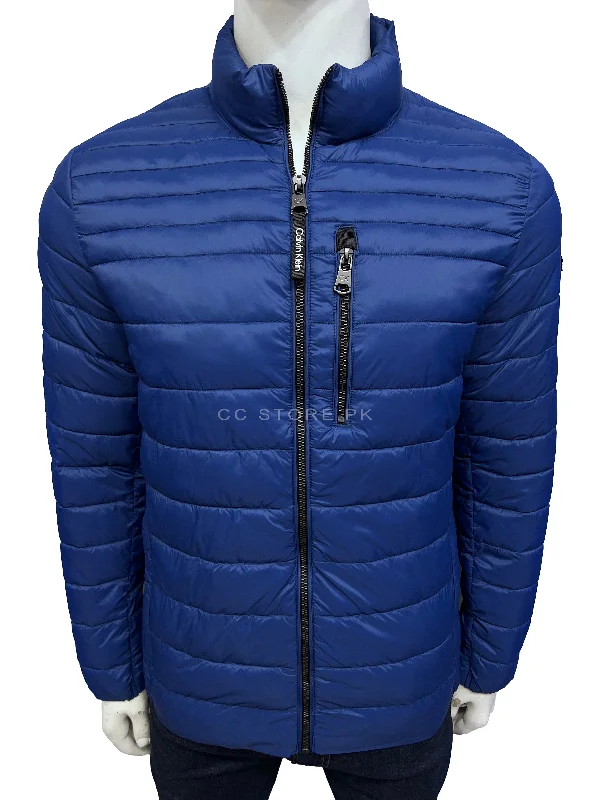 CK Royal Blue Collar Logo Puffer Jacket Notch Collar Peter Pan Collar Cowl Neck