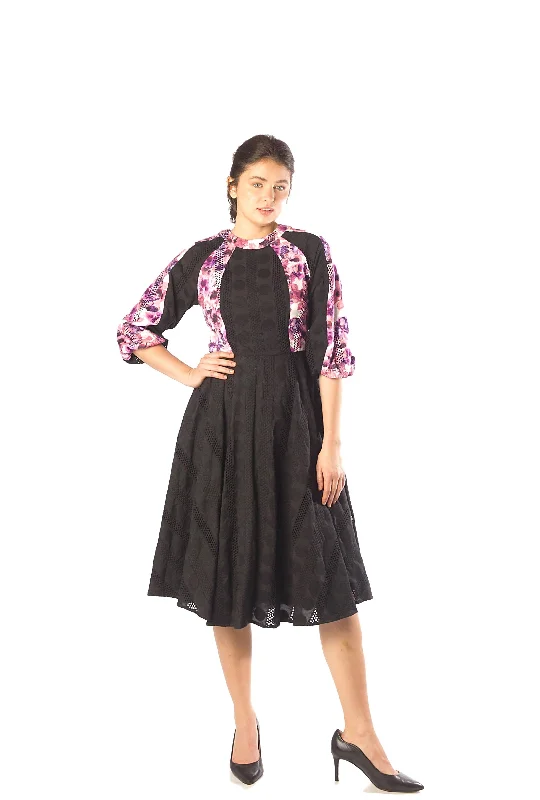 Floral Print Insets Eyelets Dress