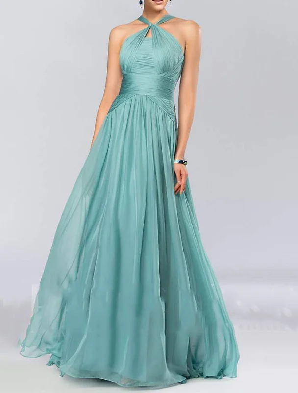 A Line/Princess Halter Neck  Sleeveless Elegant Floor-Length Wedding Guest Dress