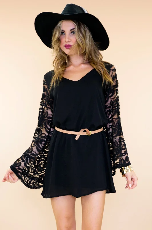 Willow Lace Bell Sleeve Dress - Black