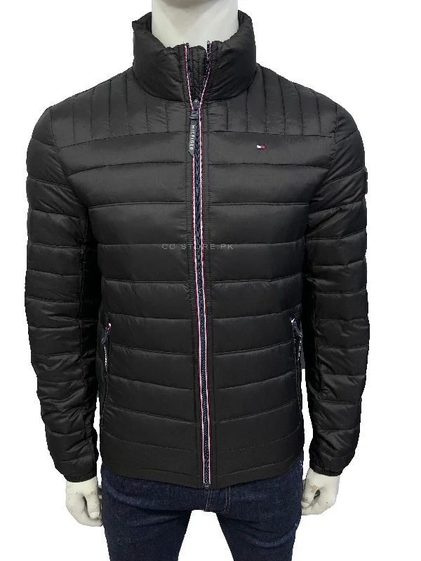 TH Packable Collar Logo Black Puffer Jacket Satin Fabric Silk Fabric Chiffon Fabric