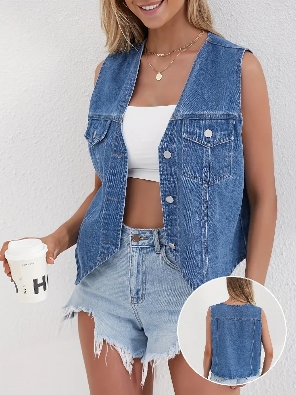 Distressed Denim Vest - Sleeveless Design, Trendy Frayed Hem, Button-Up Front, Casual Style Jean Jacket - Perfect for Spring and Summer Fashion, Versatile Outerwear for Everyday Wear Wool Jacket Cashmere Jacket Tweed Jacket Distressed Denim Vest - Sleeveless Design, Trendy Frayed Hem, Button-Up Front, Casual Style Jean Jacket - Perfect for Spring and Summer Fashion, Versatile Outerwear for Everyday Wear Wool Jacket Cashmere Jacket Tweed Jacket