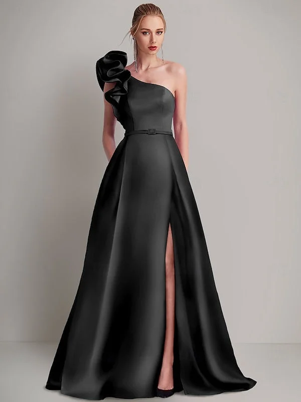 A-Line Floor Length Sleeveless One Shoulder Wedding Guest Dress Satin with Pocket Shoulder Flower A-Line Floor Length Sleeveless One Shoulder Wedding Guest Dress Satin with Pocket Shoulder Flower