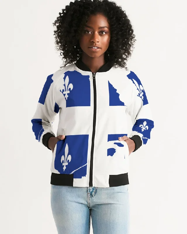 Quebec Map Flag - Drapeau Carte Québec (Fleurdelisé) Women's Bomber Jacket Rayon Fabric Velvet Fabric Corduroy Fabric Quebec Map Flag - Drapeau Carte Québec (Fleurdelisé) Women's Bomber Jacket Rayon Fabric Velvet Fabric Corduroy Fabric