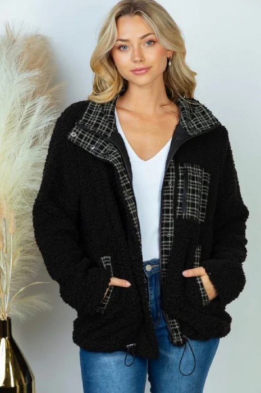 Black & Plaid Sherpa Jacket Knit Fabric Woven Fabric Fleece Fabric