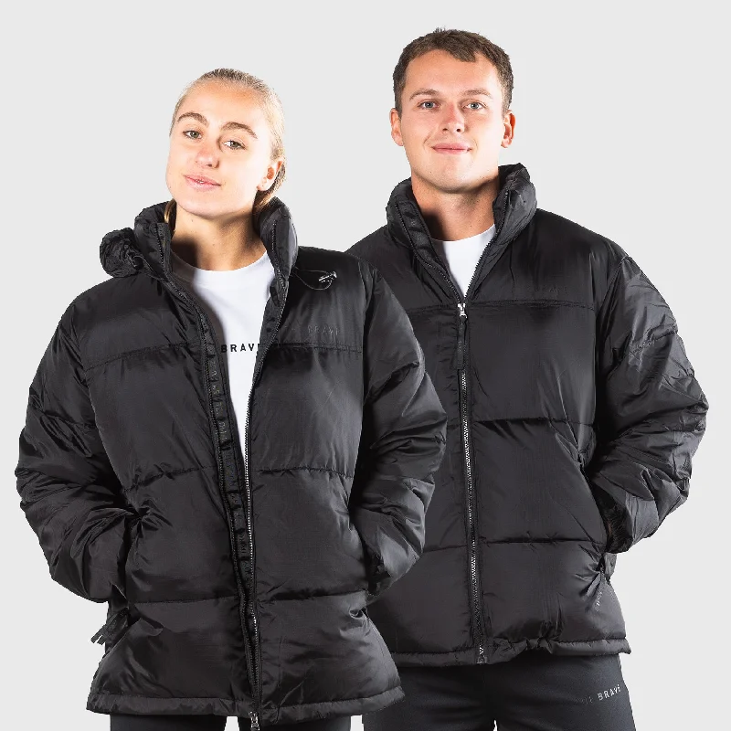THE BRAVE - SIGNATURE PUFFER JACKET - UNISEX - BLACK Front Pockets Side Pockets Patch Pockets THE BRAVE - SIGNATURE PUFFER JACKET - UNISEX - BLACK Front Pockets Side Pockets Patch Pockets