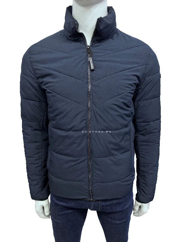 CK Navy Blue Cross Puffer Jacket Faux Fur Fabric Real Fur Fabric Shearling Fabric