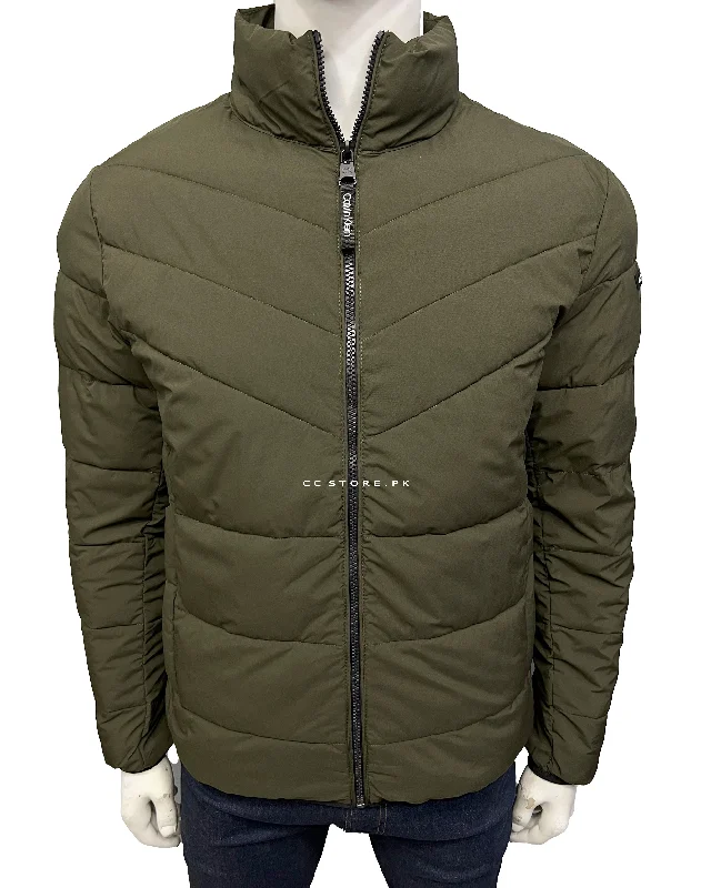 CK Green Cross Puffer Jacket Welt Pockets Slit Pockets Flap Pockets