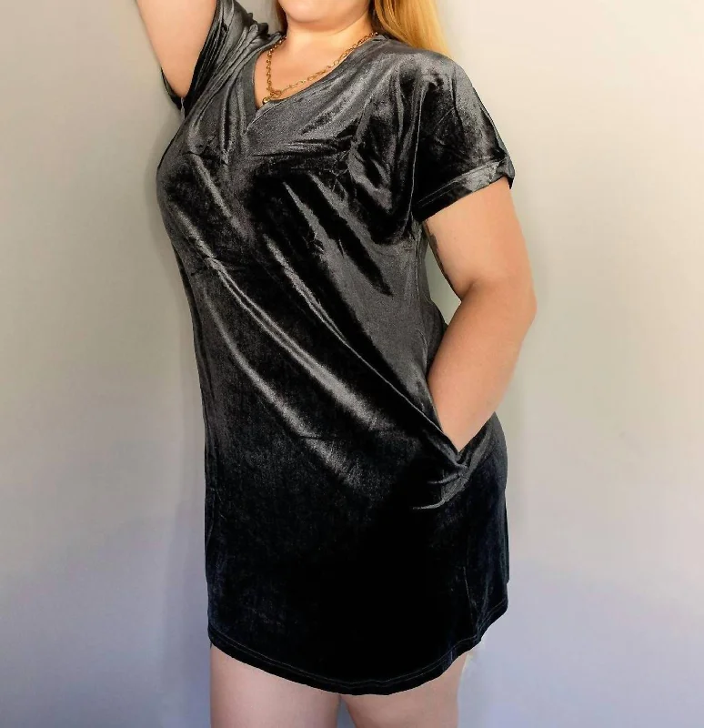 Velour V-Neck Dress In Sage Grey