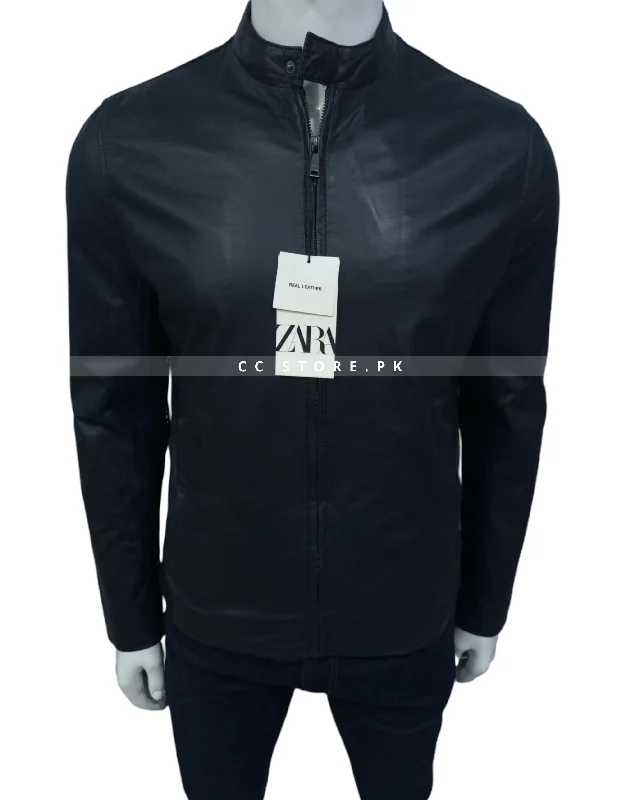 ZR Slim Fit Real Leather Dark Navy Blue Jacket One-Shoulder Jacket Off-the-Shoulder Jacket Asymmetrical Jacket