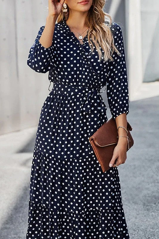WOMEN POLKA DOT PRINT RUCHED RUFFLE LONG DRESS