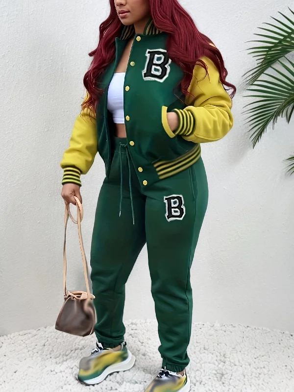Fashionable Womens Two-Piece Set - Letter Pattern Varsity Jacket with Button Front & Drawstring Jogger Pants - Casual, Comfortable, and Versatile Outfit Fitted Jacket Loose Jacket Oversized Jacket Fashionable Womens Two-Piece Set - Letter Pattern Varsity Jacket with Button Front & Drawstring Jogger Pants - Casual, Comfortable, and Versatile Outfit Fitted Jacket Loose Jacket Oversized Jacket