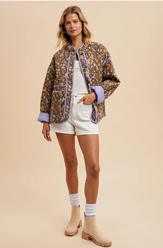 Floral Quilted Puffer Jacket - Olive Taupe Corduroy Jacket Velvet Jacket Brocade Jacket