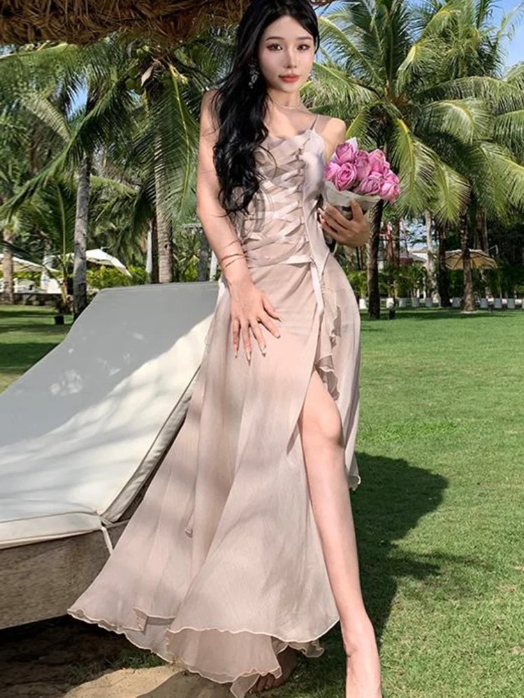 Advbridge Maxi Long Dresses for Women New Summer Elegant Spaghetti Strap Slim Split Ruffle Female Clothes Beach Holiday Bandage Dress