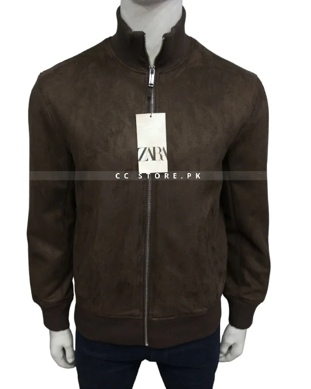 ZR Plain Suede Dark Brown Bomber Jacket (641) Wool Jacket Cashmere Jacket Tweed Jacket
