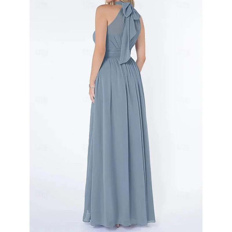 A Line/Princess Halter Neck  Sleeveless Elegant Floor-Length Wedding Guest Dress