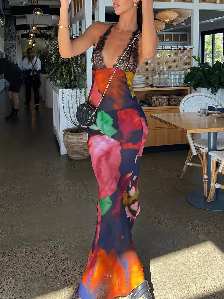 Advbridge MO Elegant Tie Dye Floral Chiffon Dress Summer Sexy Women Backless Lace Bodycon See Through 2024 Beach Party Vestidos