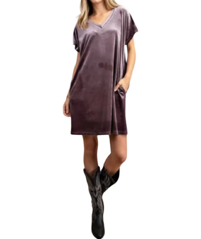 Velour V-Neck Dress In Ash Purple