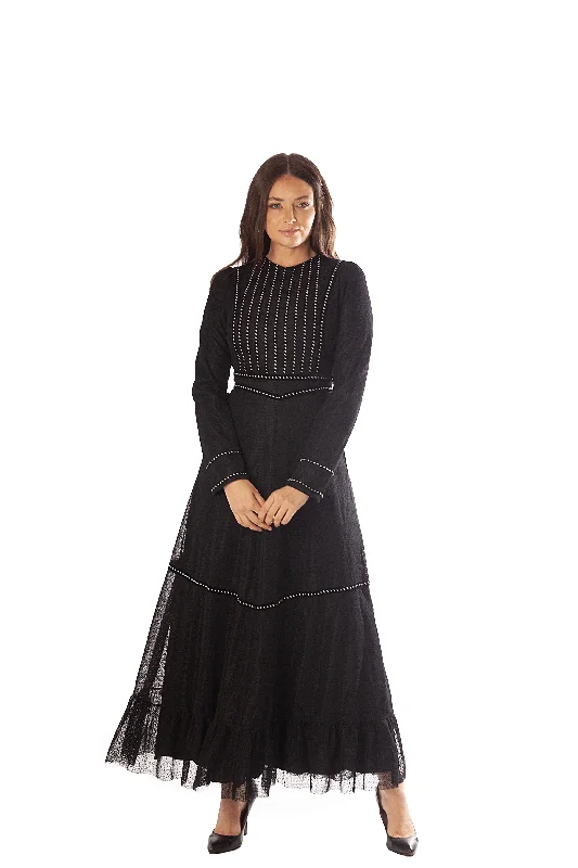 Mesh Lace Dress w/ Studded Velvet Strips