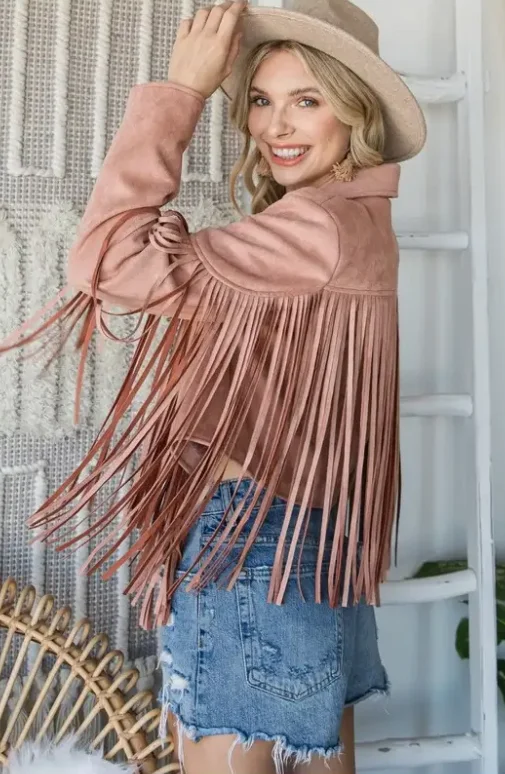 VJ70272-M1 Fringed Suede Jacket Dusty Pink Knit Fabric Woven Fabric Fleece Fabric