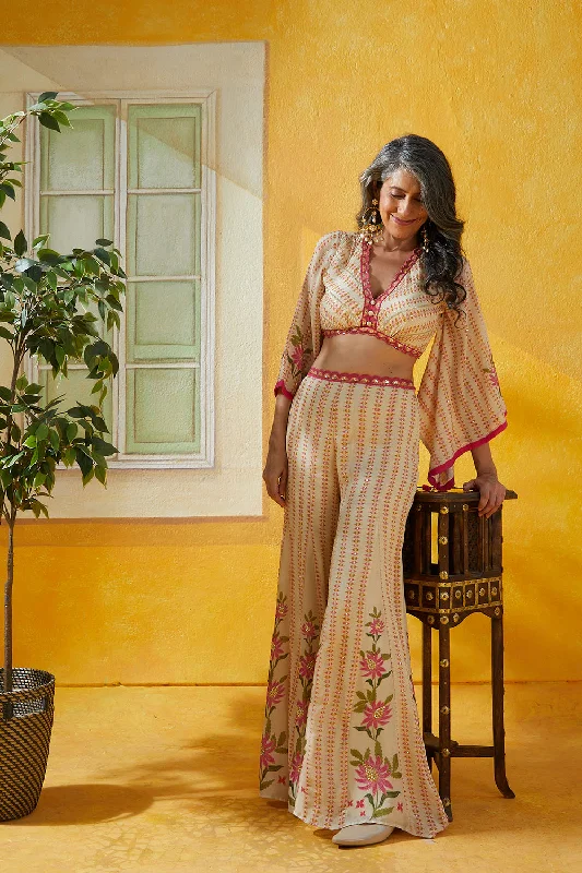 Chiffon Pant Set With Scallop Detailing And Flared Sleeves Comfort Wide-Leg,