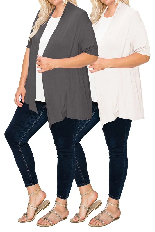 Women's Plus Size Casual Short Sleeve Loose Fit Solid Draped Open Cardigan (Pack of 2) Elegant Classic Vintage Women's Plus Size Casual Short Sleeve Loose Fit Solid Draped Open Cardigan (Pack of 2) Elegant Classic Vintage