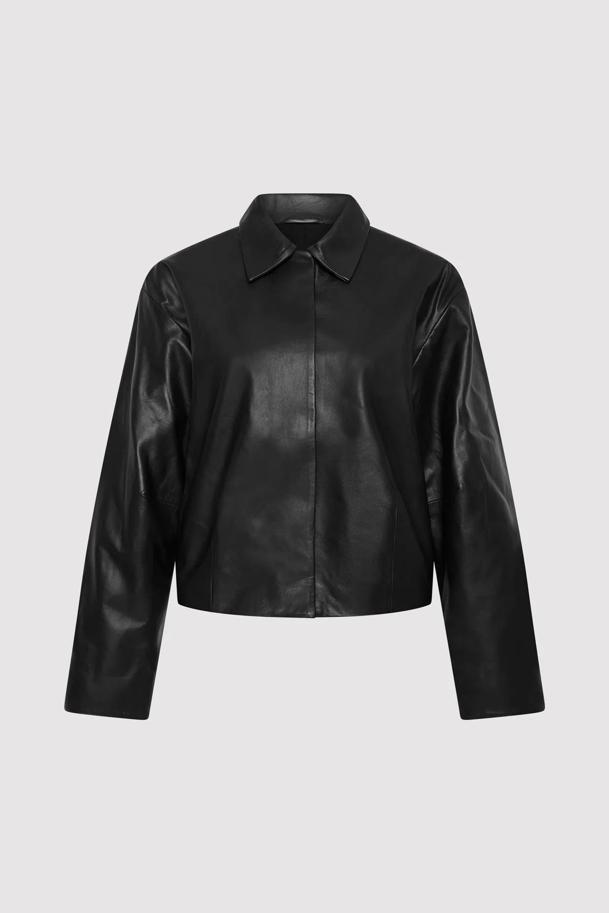 Cocoon Leather Jacket - Black Welt Pockets Slit Pockets Flap Pockets