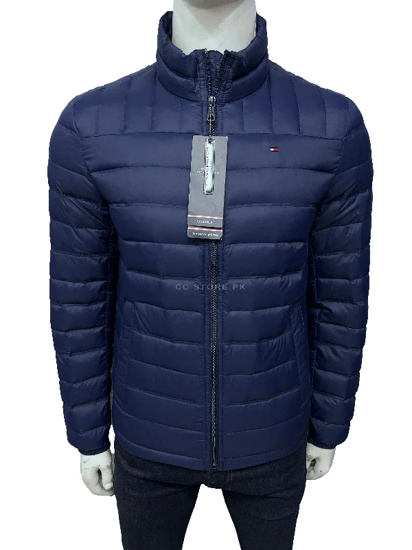 TH Packable Duck Down Navy Blue Puffer Jacket Boat Neck Shawl Collar Notched Collar
