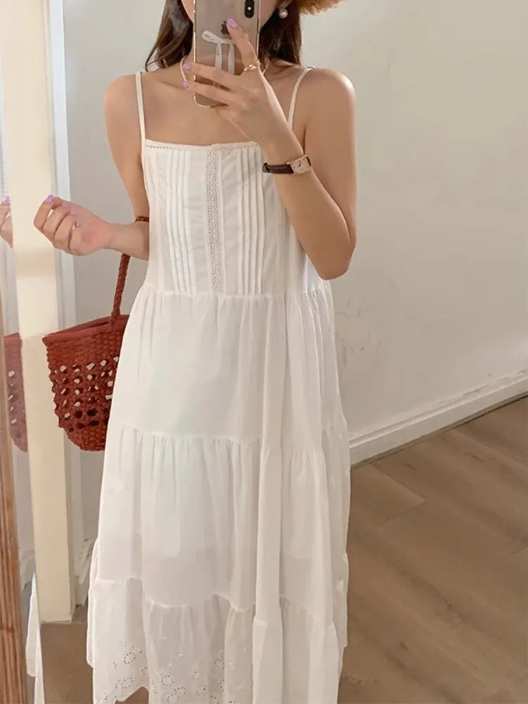 Advbridge Lace Lace Patchwork Suspender Women's Summer French Style Pure Cotton Small Fresh Suspender White Minimalist Dress
