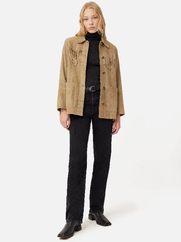 Fringed Suede Jacket | Brown V-Neck Jacket Boat Neck Jacket Square Neck Jacket