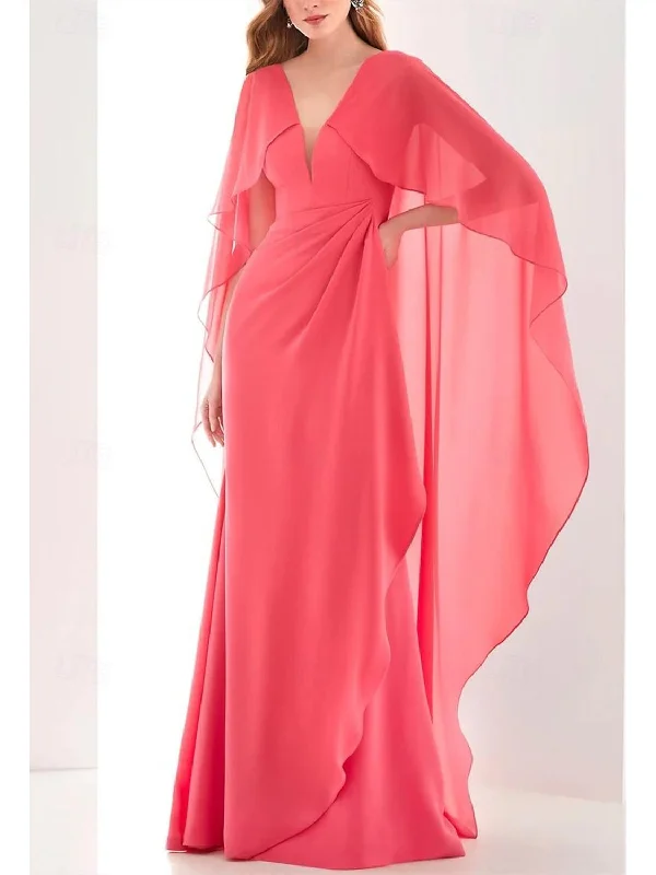 Sheath/Column Ankle Length Long Sleeve V Neck Wedding Guest Dress Chiffon with Ruched Ruffles Sheath/Column Ankle Length Long Sleeve V Neck Wedding Guest Dress Chiffon with Ruched Ruffles