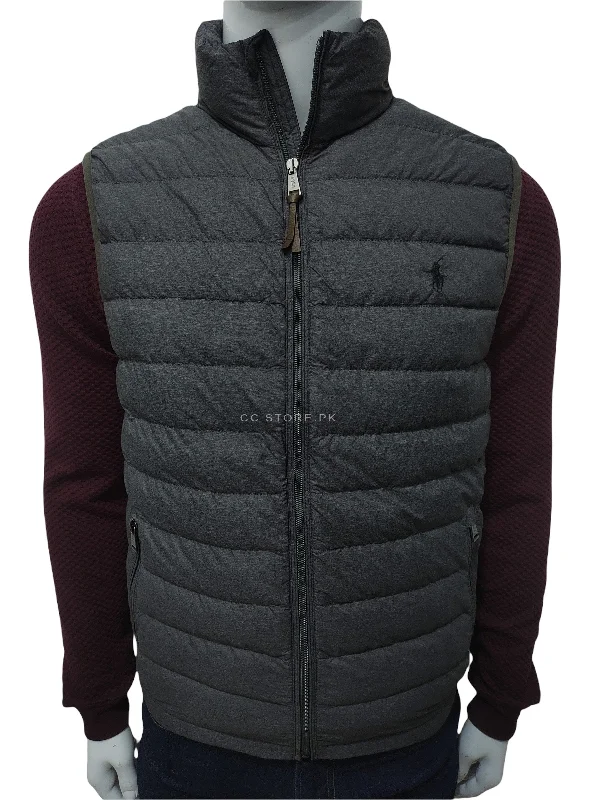 RL Packable Down Sleeveless Grey Puffer Jacket Zippered Front Buttoned Front Snap Front RL Packable Down Sleeveless Grey Puffer Jacket Zippered Front Buttoned Front Snap Front