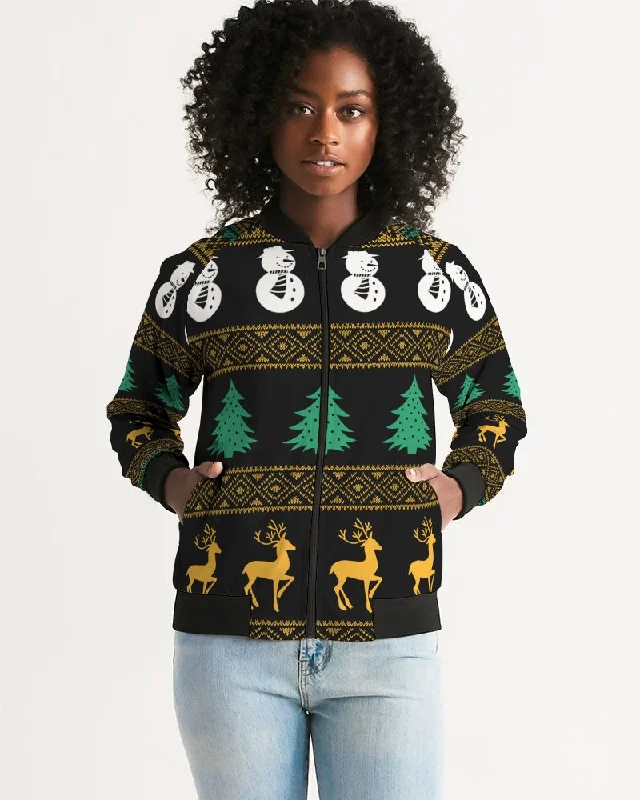 Snowman Tree Wonderland Black Women's Bomber Jacket Knit Fabric Woven Fabric Fleece Fabric Snowman Tree Wonderland Black Women's Bomber Jacket Knit Fabric Woven Fabric Fleece Fabric