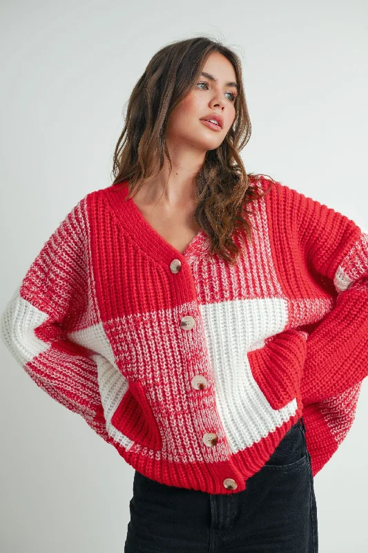 Oversized Checkered Cardigan Terry Blend Velvet Blend Canvas Blend