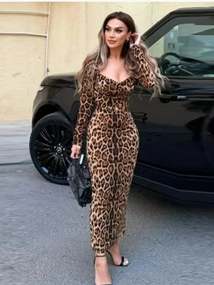 Advbridge Leopard Print Long Dress Women Sexy V-neck Slim Long Sleeve Square Collar Party Club Dresses 2024 Summer Lady Fashion Vestidos