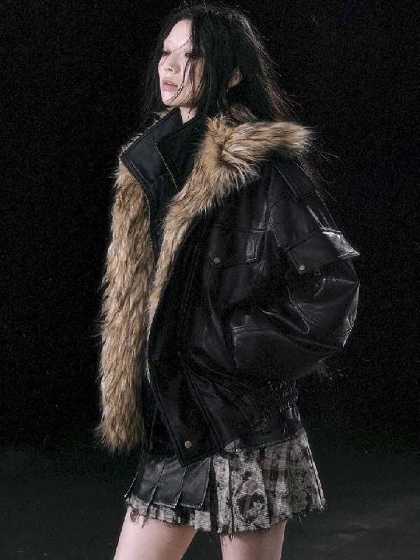 Removable Fur Flight Jacket【s0000010762】 Boat Neck Shawl Collar Notched Collar