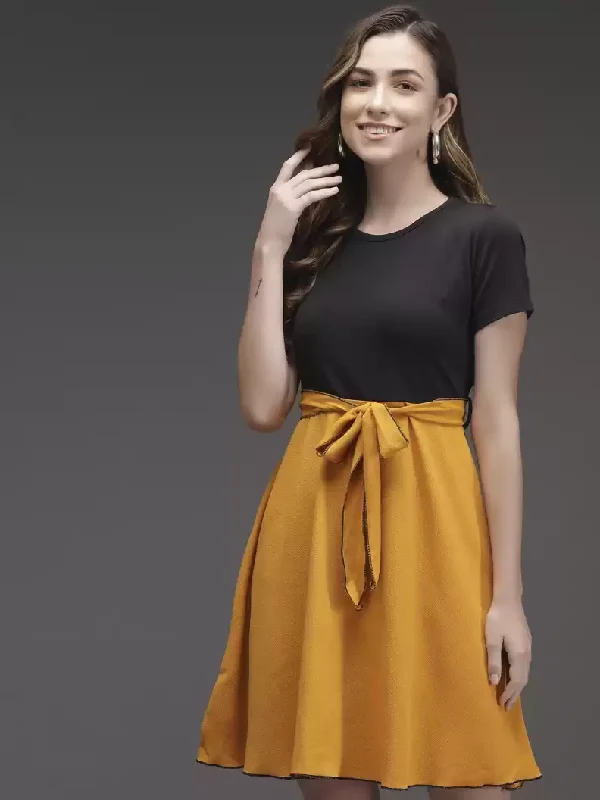 TANDUL  Women A-line Black, Yellow Dress