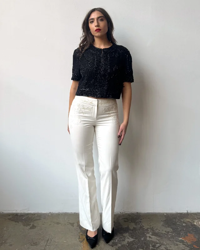 Cream Embellished Hip Pants- 4 Jeans Straight,