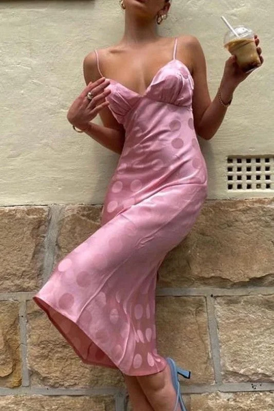 WOMEN BACKLESS POLKA DOT PRINTED A LINE DRESS