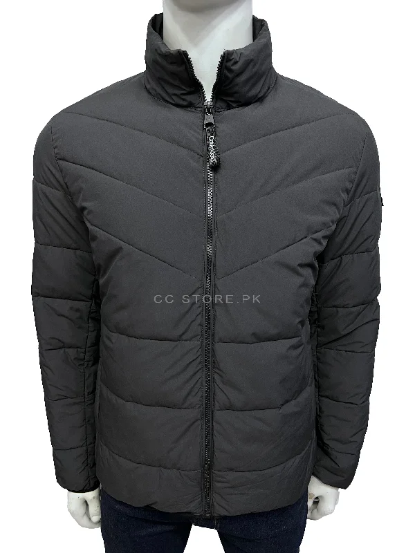 CK Dark Grey Cross Puffer Jacket Zippered Front Buttoned Front Snap Front