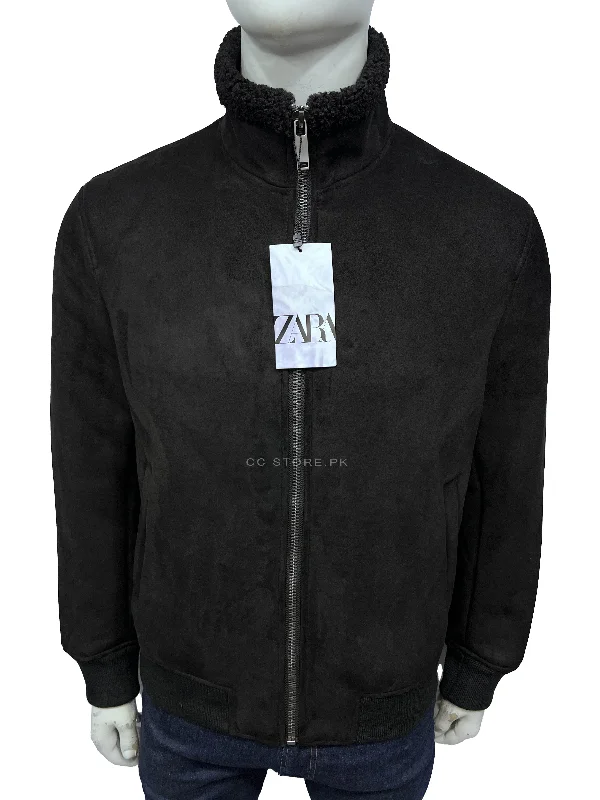 Zara Suede Fur Collar Black Jacket (463) Front Pockets Side Pockets Patch Pockets
