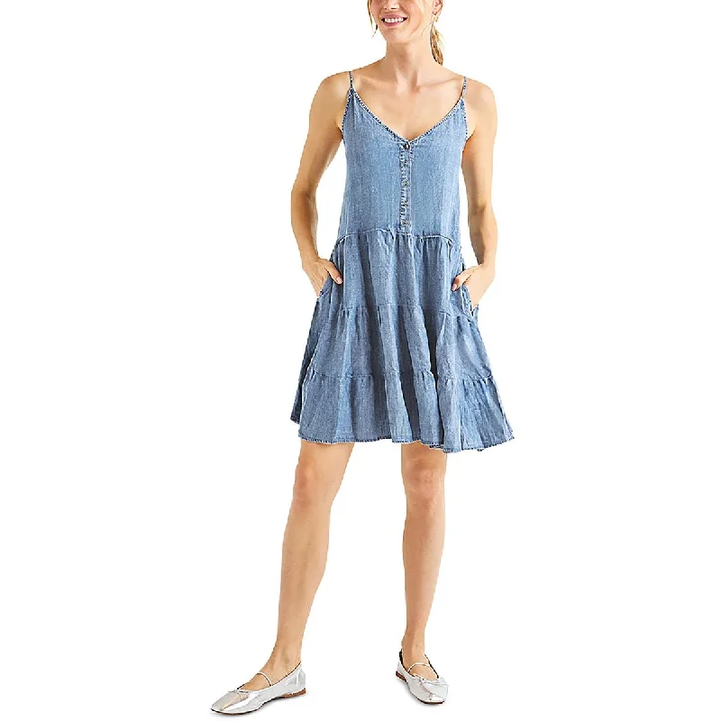 Womens Button V-Neck Slip Dress