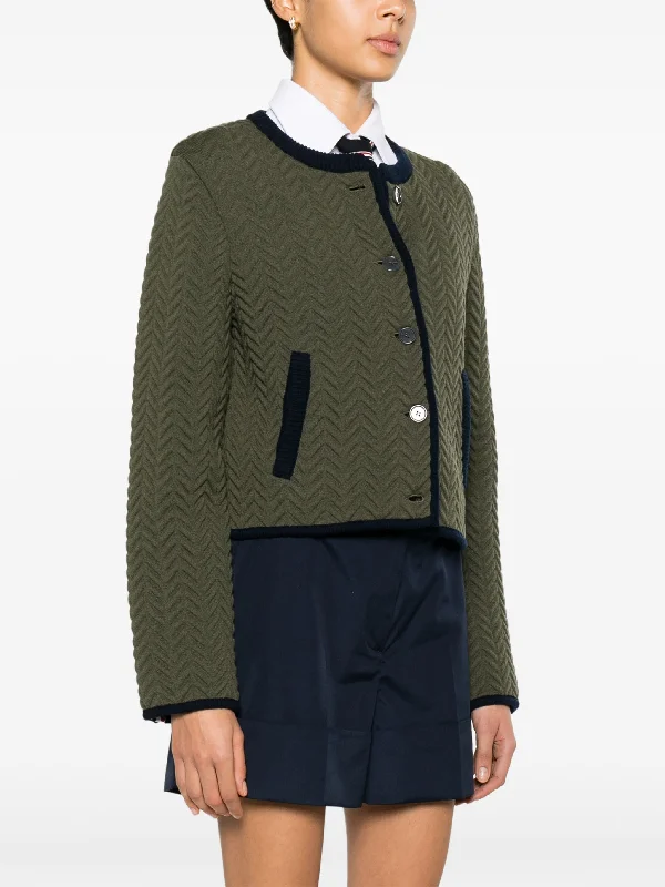 THOM BROWNE - Women Herringbone Quilted Jacquard Cropped Crew Neck Cardigan Jacket In Merino Wool Appliqued Jacket Beaded Jacket Sequined Jacket THOM BROWNE - Women Herringbone Quilted Jacquard Cropped Crew Neck Cardigan Jacket In Merino Wool Appliqued Jacket Beaded Jacket Sequined Jacket