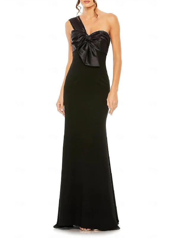 Sheath/Column One Shoulder Floor Length Sleeveless Wedding Guest Dresses Stretch Crepe with Bow(s) Sheath/Column One Shoulder Floor Length Sleeveless Wedding Guest Dresses Stretch Crepe with Bow(s)