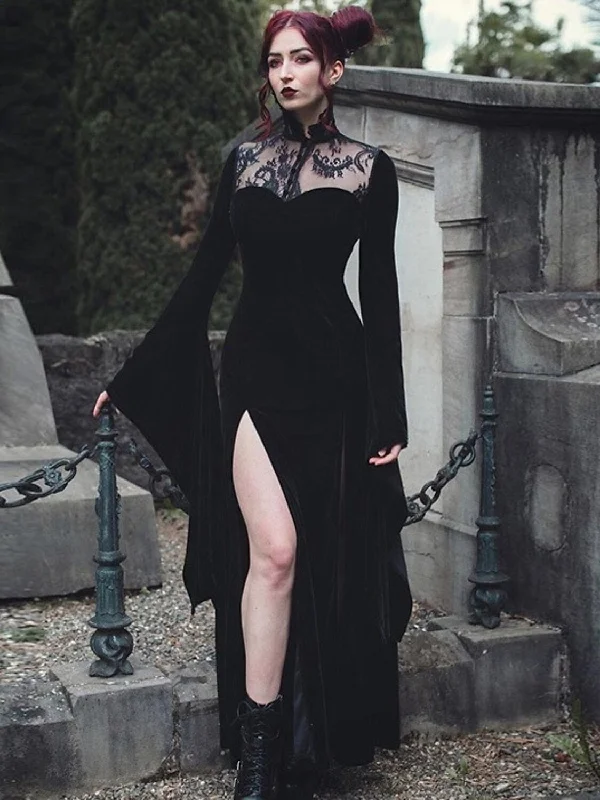 A-Line/Princess Jewel Neck Long Sleeves Floor-Length Vintage Dress with Split Side